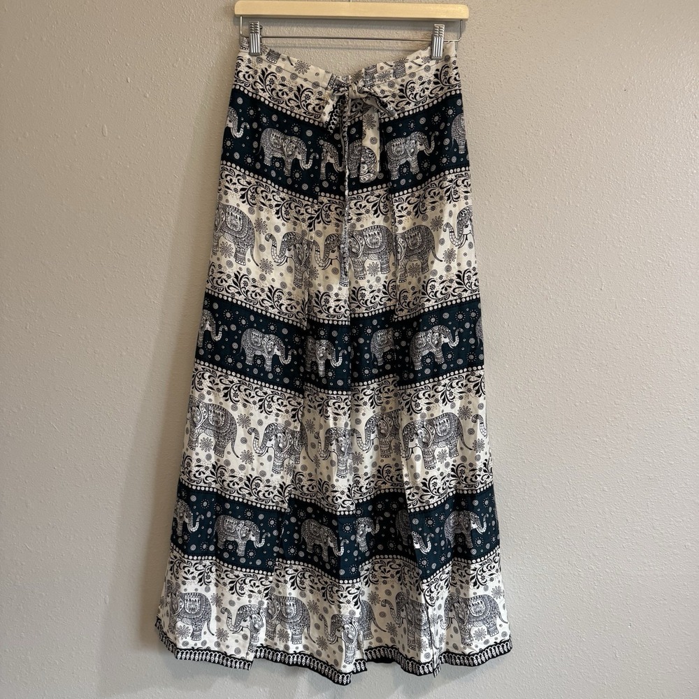 Thai Elephant Print Overlayer Wrap Pants Boho Palazzo Fixed Waist Wide Leg Hippi
